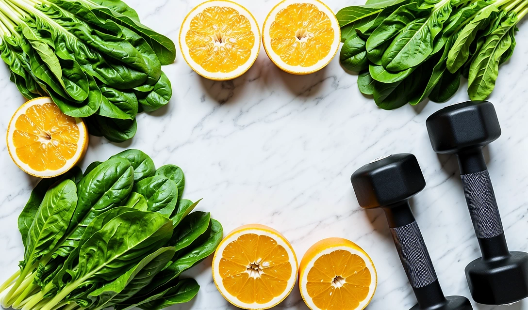 Frutas y vegetales con pesas